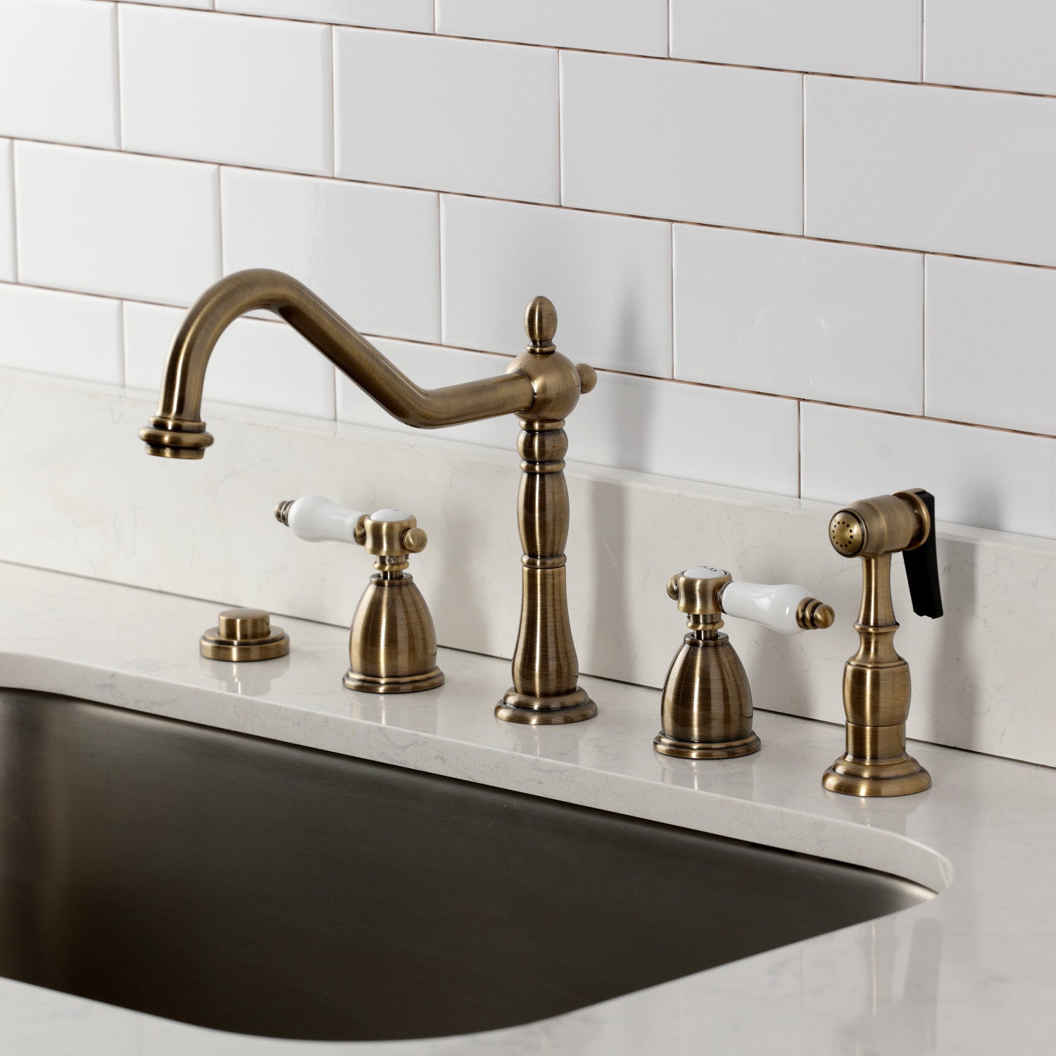 Kingston Heirloom KB1793BPLBS - Bel-Air Double-Handle Widespread Kitchen Faucet with Brass Sprayer, Antique Brass — thumbnail 2